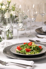 Delicious salad served on table in restaurant
