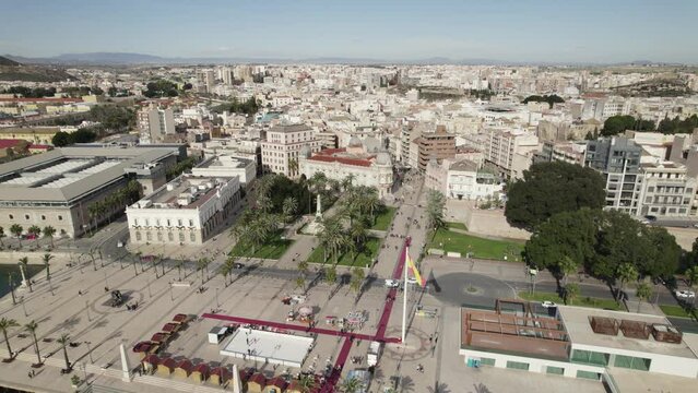Plaza Héroes de Cavite, Cartagena cityscape, Spain. Aerial establishing shot