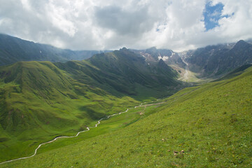 Photo of a mountain valley from above. A mountain river flows in the valley.