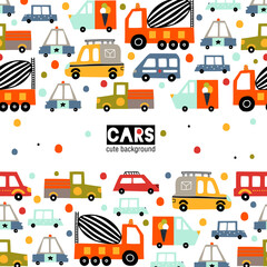 Cute kids greeting card with cars on a white background.Can be used in textile industry, paper, background, scrapbooking.Vector