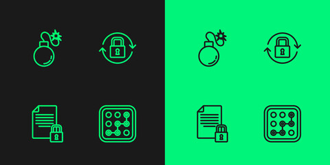 Set line Graphic password protection, Document and lock, Bomb and Lock icon. Vector