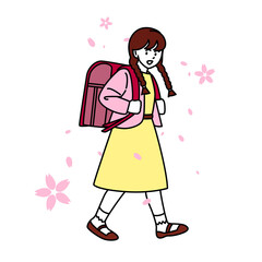 赤いランドレスを背負って歩く女の子　全身