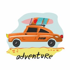 Orange retro car rides on the road with lettering. Vintage cute car for decoration of children's rooms, cards, posters, sticker. Banner concept of a good trip. Wall decor. Cartoon vector illustration