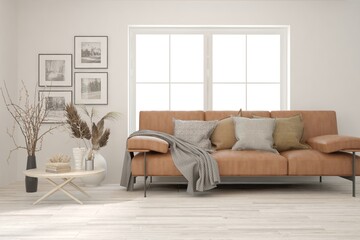 White living room with sofa. Scandinavian interior design. 3D illustration
