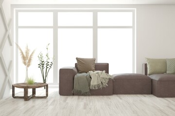 Fototapeta premium White living room with sofa. Scandinavian interior design. 3D illustration