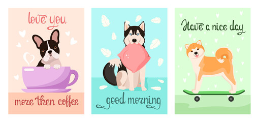 A set of postcards with funny dogs. Cartoon design.
