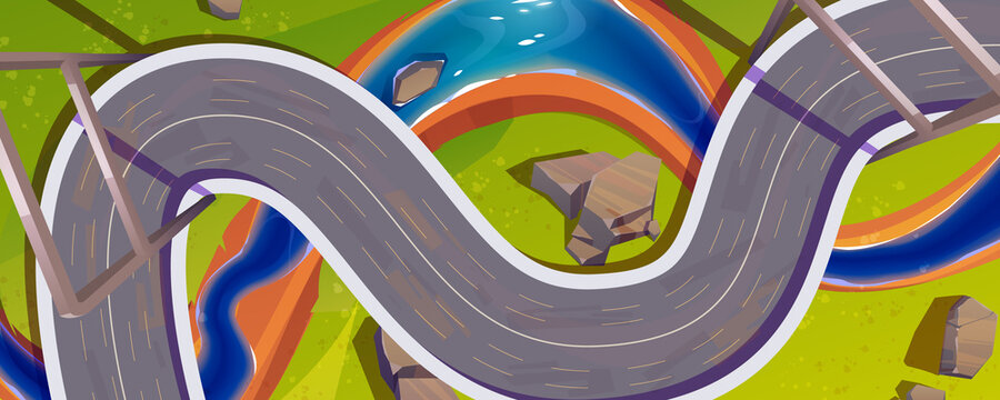 Road or bridge top view, winding highway over green field, river and rocks. Cartoon overhead background with modern infrastructure, two lane curve asphalt pathway, route direction Vector illustration