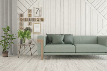 White living room with sofa. Scandinavian interior design. 3D illustration
