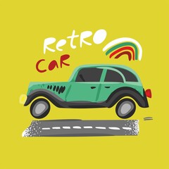 Green retro car rides on the road with rainbow isolated on yellow. Vintage cute car for decor of children's rooms, cards, posters, sticker. Banner concept of a good trip. Cartoon vector illustration