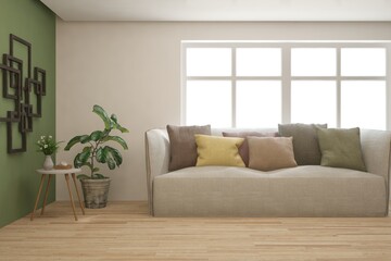 Modern interior with fabrick sofa and frames on a wall. Scandinavian interior design. 3D illustration