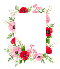 Vector card with red, pink, and white poppy, lilac, and lily of the valley flowers. Greeting or invitation card design