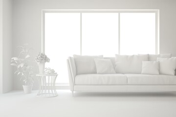 White minimalist living room with sofa. Scandinavian interior design. 3D illustration