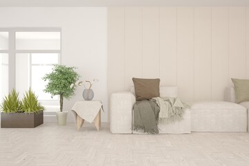 White living room with sofa. Scandinavian interior design. 3D illustration