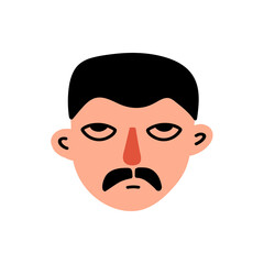 Character face adult serious man with mustache  isolated on white background. Trendy funny cartoon man head. Colorful people avatar. Vector illustration	
