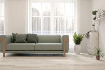 Soft color living room with sofa. Scandinavian interior design. 3D illustration