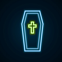 Glowing neon line Coffin with christian cross icon isolated on black background. Happy Halloween party. Colorful outline concept. Vector