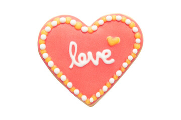 Red Heart Shaped Cookie with Royal Icing Isolated on White Background