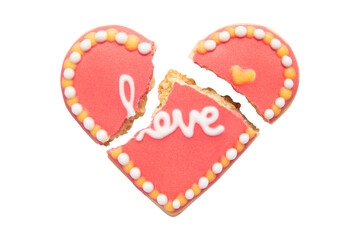 Cracked Red Heart Cookie Isolated on White Background