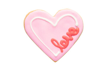 Pink Heart Shaped Cookie with Royal Icing Isolated on White Background
