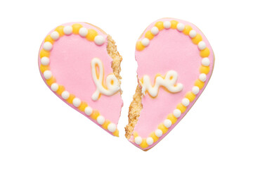 Cracked Pink Heart Cookie Isolated on White Background
