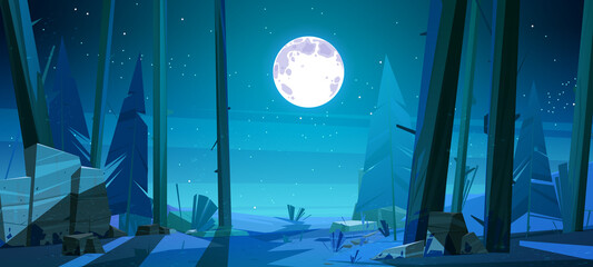 Night forest twilight landscape with rocks and conifer trees. Nature background, beautiful mysterious summer wood under starry sky with full moon, parallax game scene, Cartoon vector illustration