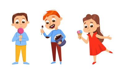 Cute children eating sweets set. Kids enjoying of eating of unhealthy food cartoon vector illustration