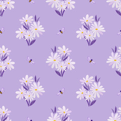 Seamless pattern of watercolor bouquets of daisies and bees on a lilac background.