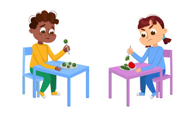 Boy and girl sitting at table eating vegetables. Healthy diet for children cartoon vector illustration