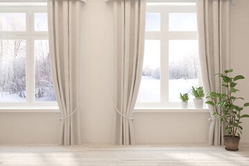 Mock up of empty room in white color with winter landscape in window. Scandinavian interior design. 3D illustration