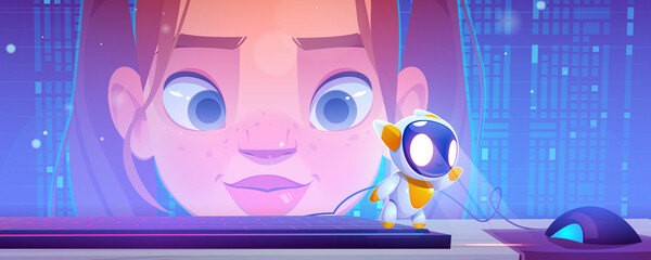 Girl face on computer desktop with digital data or pixels front of desk with keyboard, mouse and little robot, game characters, high-tech technologies development concept, Cartoon vector illustration