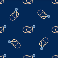 Line Roasted turkey or chicken icon isolated seamless pattern on blue background. Vector
