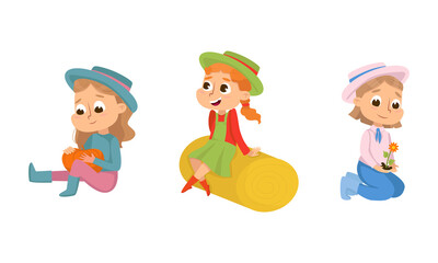 Cute little girls working on farm set cartoon vector illustration