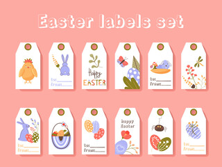 Easter greeting gift labels and tags collection with cute bunny, eggs and flowers. Spring holiday template for seasonal wrapping, packaging, stickers. Colored flat vector illustration