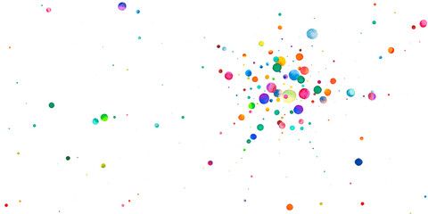 Watercolor confetti on white background. Alive rainbow colored dots. Happy celebration wide colorful bright card. Comely hand painted confetti.