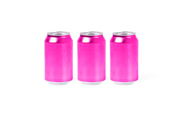 Three pink aluminum cans on a white background. Drink concept