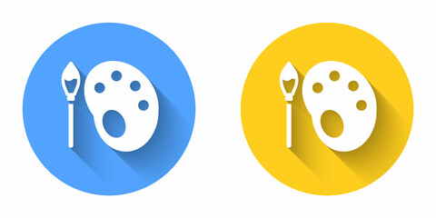 White Paint brush with palette icon isolated with long shadow background. Circle button. Vector
