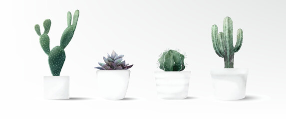 Watercolor cactus minimal collection 2 in cement pot vector design - obrazy, fototapety, plakaty