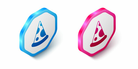 Isometric Slice of pizza icon isolated on white background. Fast food menu. Hexagon button. Vector