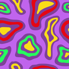 Fototapeta na wymiar Abstract psychedelic seamless pattern with bright colorful liquid shapes or spotted on a purple background. Trendy vector illustration