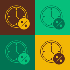 Pop art Clock and percent discount icon isolated on color background. Vector