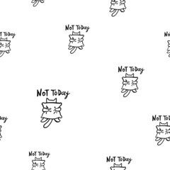 Doodle not today cat. Kitten is hiding behind a large pillow. Black line sketch art icon. Cute cartoon kids design. Outline drawing logo minimal style.