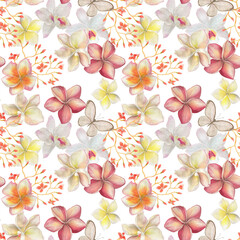 Watercolor painting seamless pattern with exotic tropical flowers : plumeria, orchid