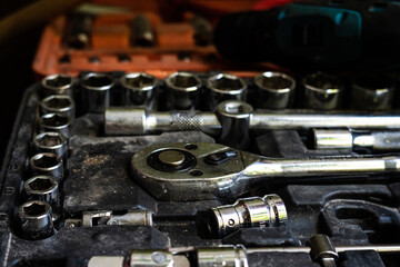 Vehicle engine tool in mechanic shop