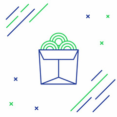 Line Asian noodles in paper box and chopsticks icon isolated on white background. Street fast food. Korean, Japanese, Chinese food. Colorful outline concept. Vector