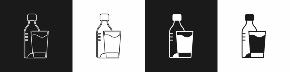Set Bottle of water with glass icon isolated on black and white background. Soda aqua drink sign. Vector