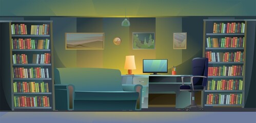 Office for work and study in evening time. Work desk with armchair and PC computer. Sofa book shelves. Cozy room. Cartoon funny style illustration. Vector