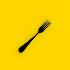 Fork is black on yellow background. Isolated object. Square image. 3D image. 3D rendering.