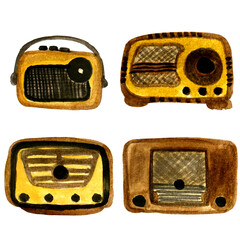 Vintage retro radio for broadcasting watercolor illustration