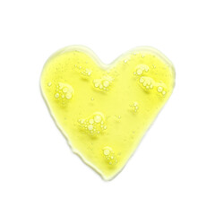 Heart-shaped drop of cosmetic serum on white background