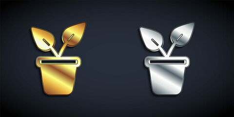 Gold and silver Plant in pot icon isolated on black background. Plant growing in a pot. Potted plant sign. Long shadow style. Vector